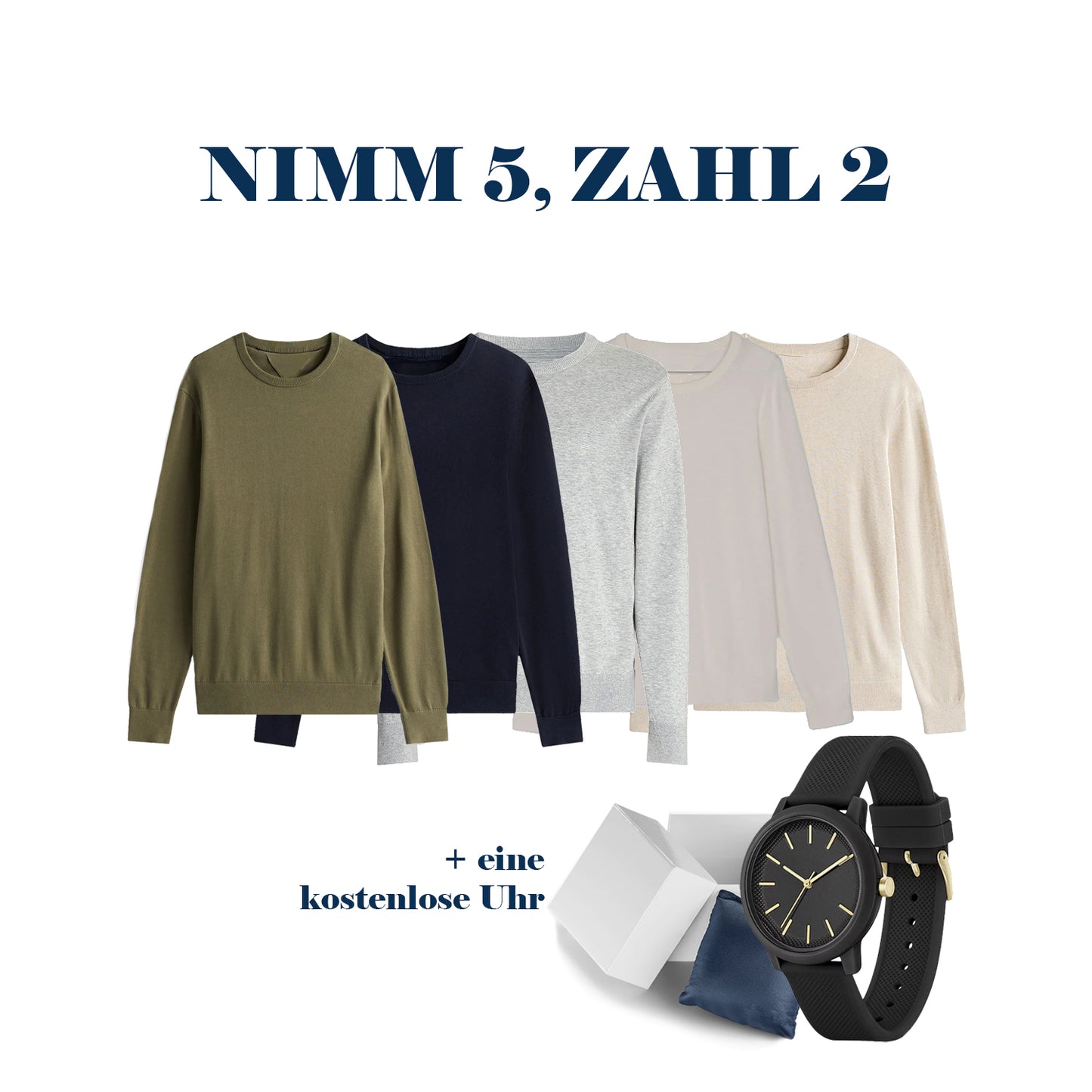 Das Signature-Bundle: 5x Premium Feinstrick-Pullover + Gratis-Uhr